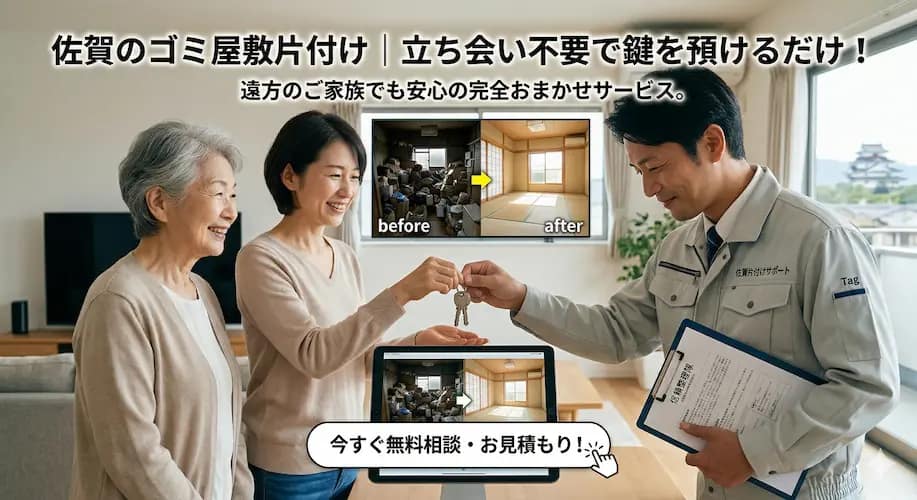 佐賀のゴミ屋敷片付け立ち会い不要で鍵を預けるだけ!遠方のご家族でも安心の完全おまかせサービス図
